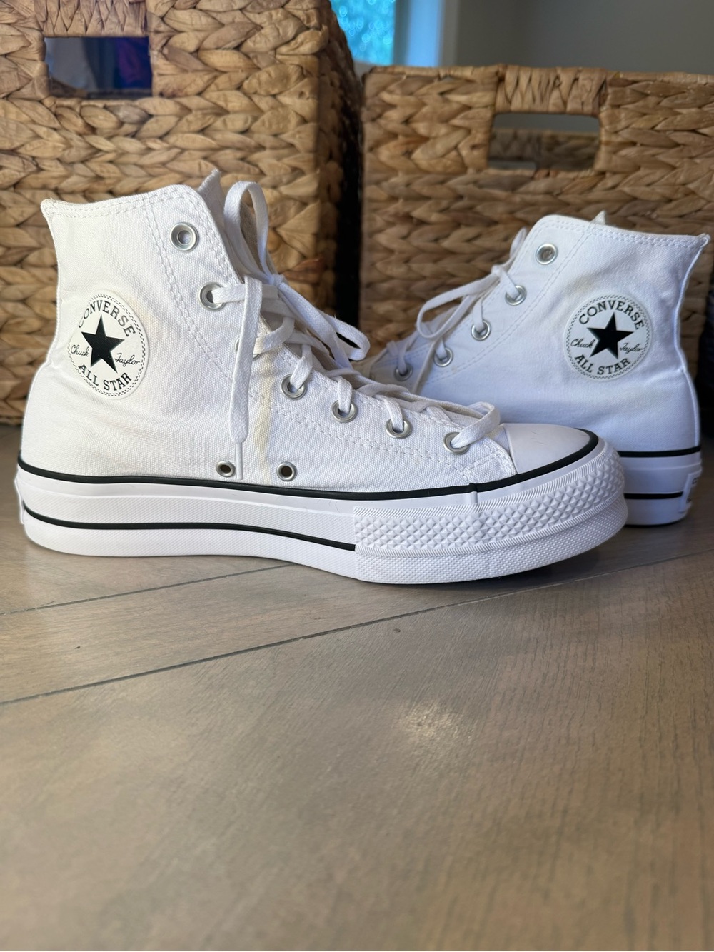 Converse White High-Top Canvas Sneakers with Black Trim - Picture 2 of 8